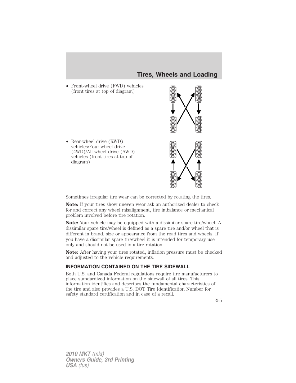 Information contained on the tire sidewall, Tires, wheels and loading | Lincoln 2010 MKT User Manual | Page 255 / 433