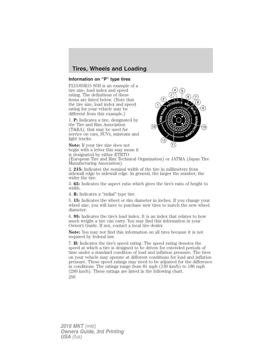 Information on “p” type tires, Tires, wheels and loading | Lincoln 2010 MKT User Manual | Page 256 / 433