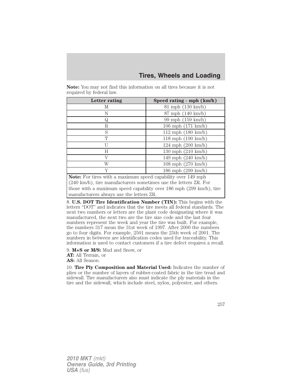 Tires, wheels and loading | Lincoln 2010 MKT User Manual | Page 257 / 433