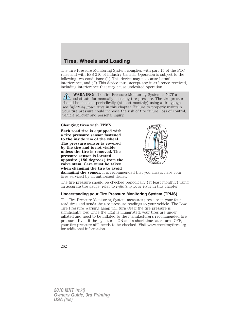 Tires, wheels and loading | Lincoln 2010 MKT User Manual | Page 262 / 433