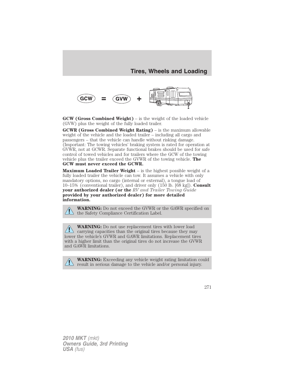 Tires, wheels and loading | Lincoln 2010 MKT User Manual | Page 271 / 433