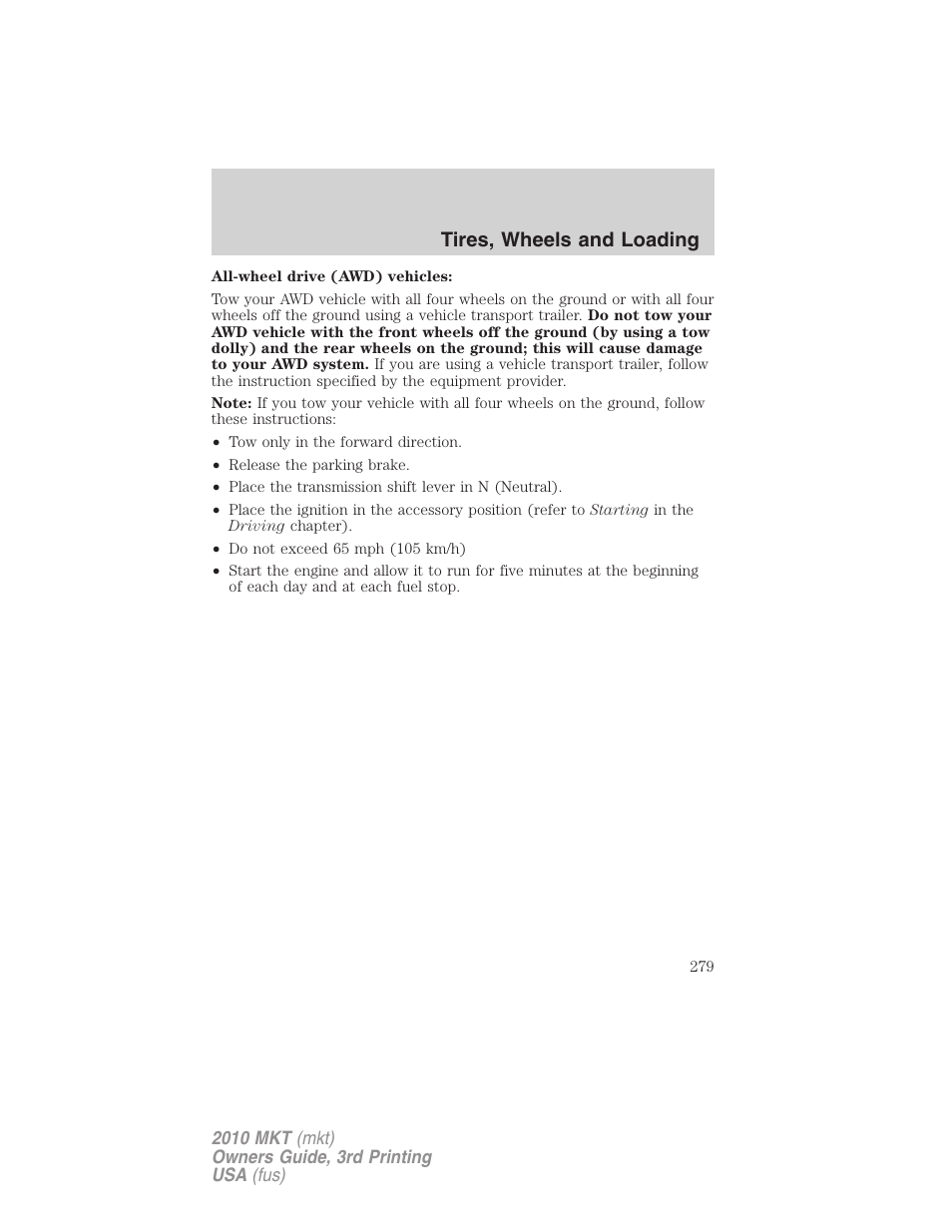 Tires, wheels and loading | Lincoln 2010 MKT User Manual | Page 279 / 433