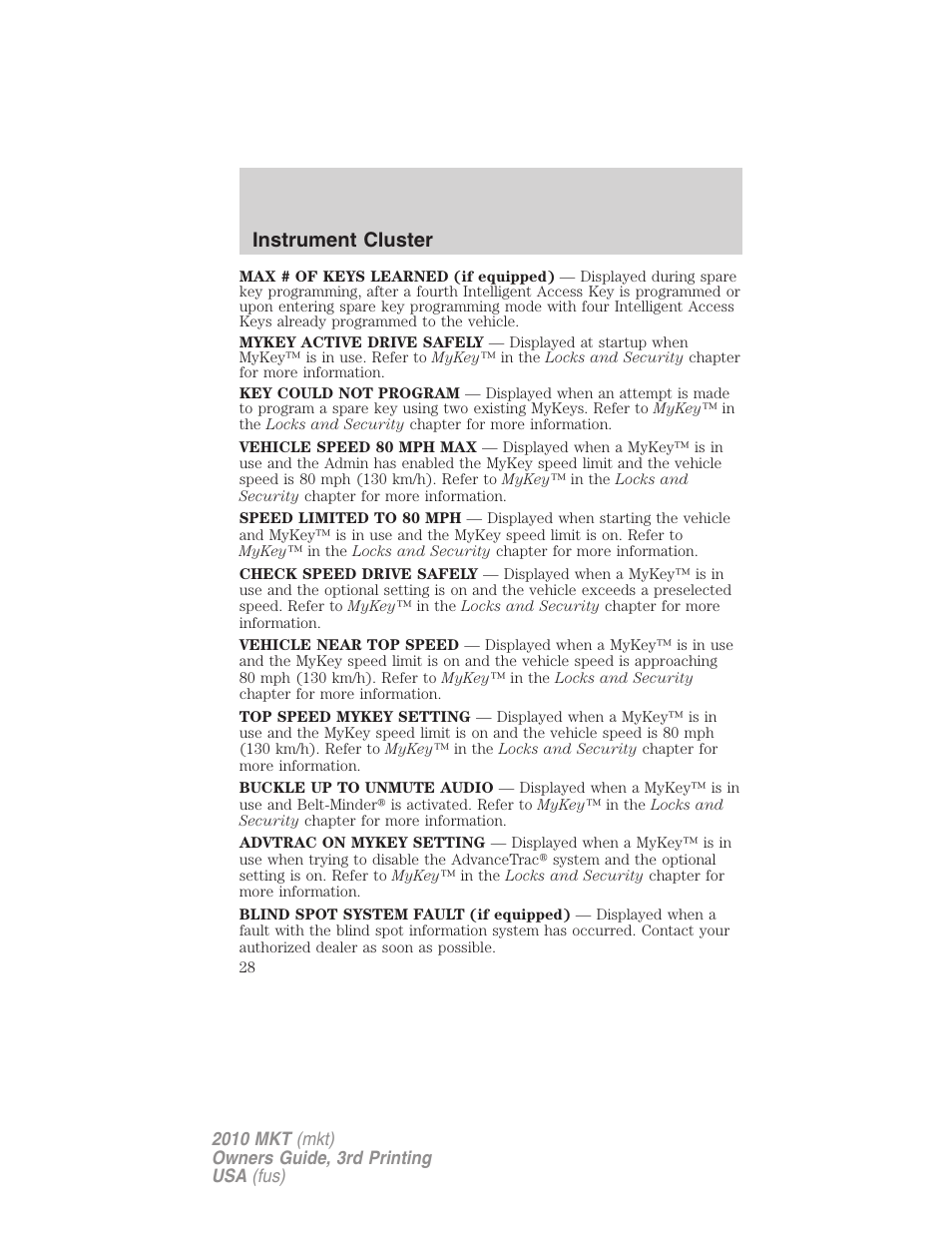 Instrument cluster | Lincoln 2010 MKT User Manual | Page 28 / 433