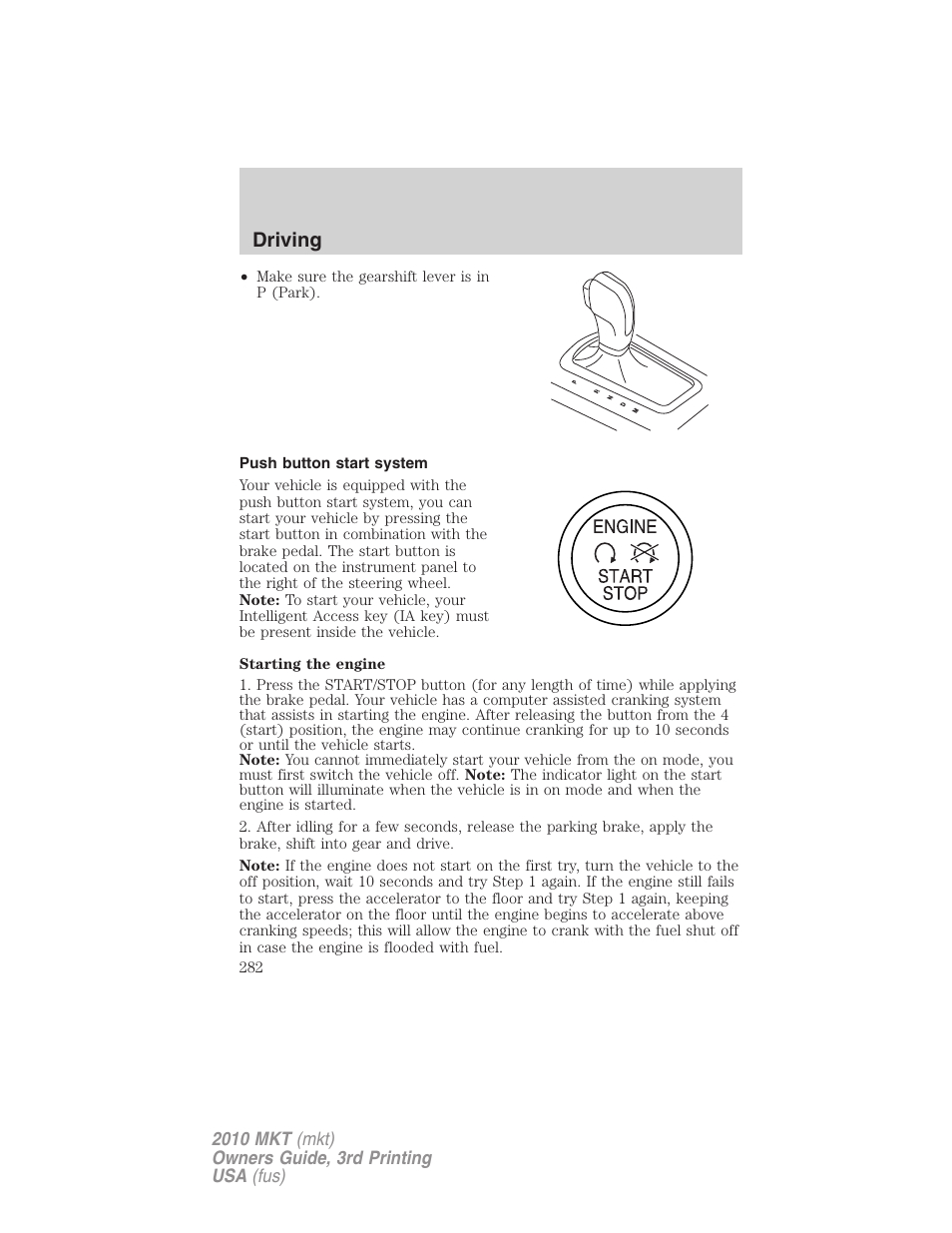 Push button start system, Driving | Lincoln 2010 MKT User Manual | Page 282 / 433