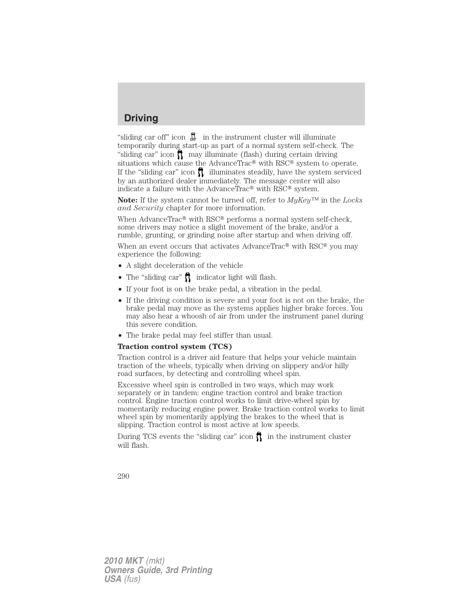 Driving | Lincoln 2010 MKT User Manual | Page 290 / 433