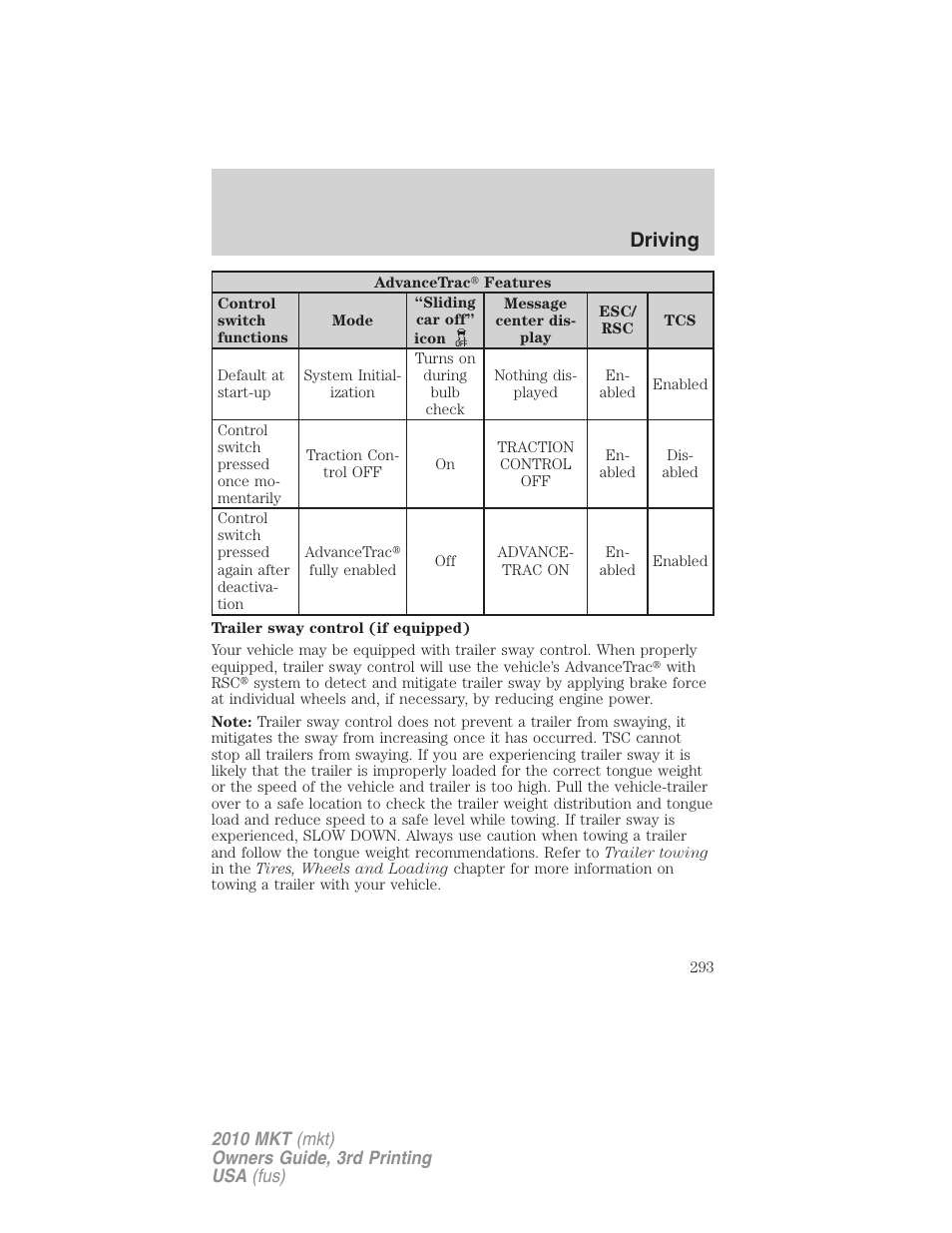 Driving | Lincoln 2010 MKT User Manual | Page 293 / 433