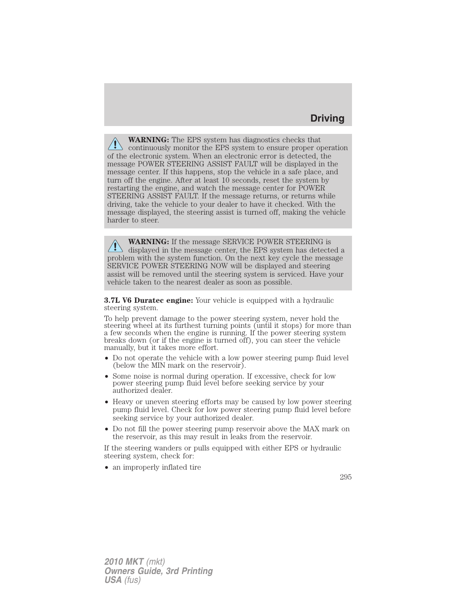 Driving | Lincoln 2010 MKT User Manual | Page 295 / 433