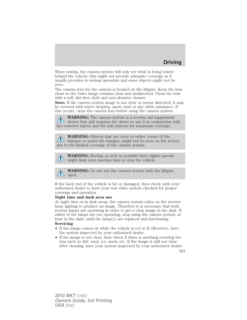 Driving | Lincoln 2010 MKT User Manual | Page 303 / 433