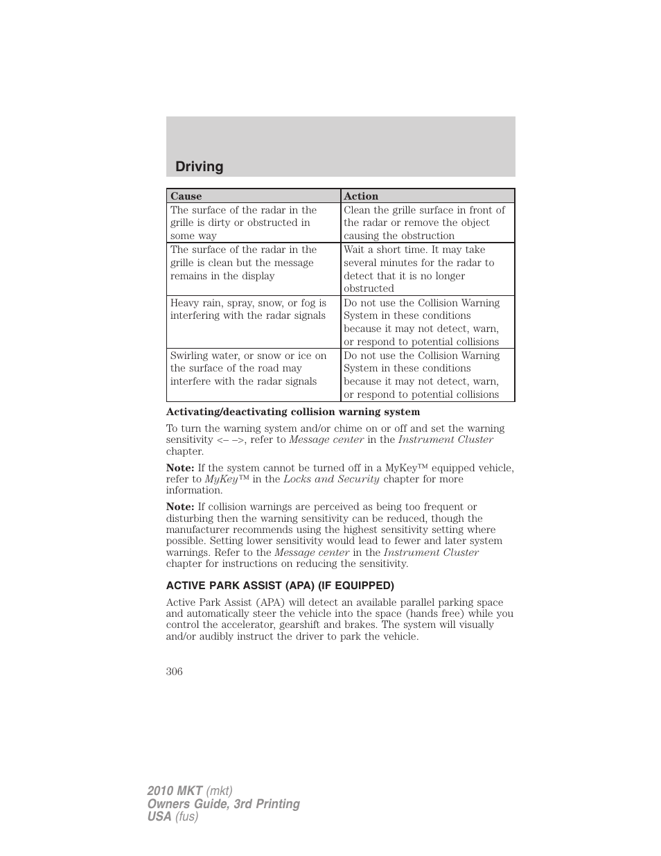 Active park assist (apa) (if equipped), Driving | Lincoln 2010 MKT User Manual | Page 306 / 433