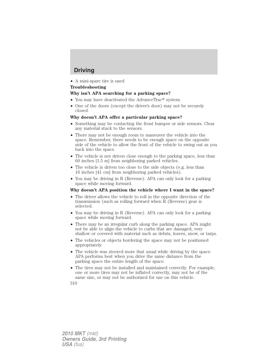 Driving | Lincoln 2010 MKT User Manual | Page 310 / 433