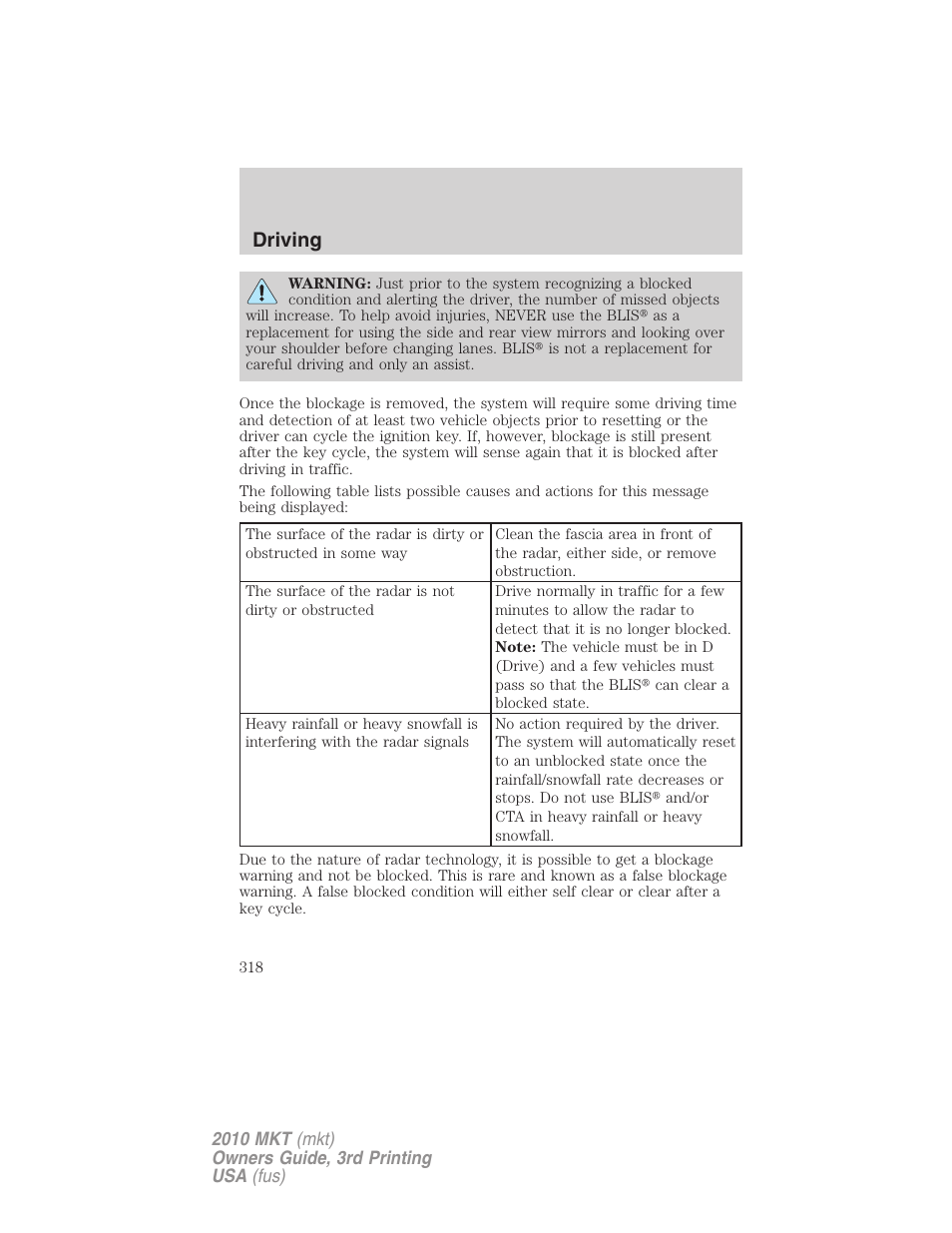Driving | Lincoln 2010 MKT User Manual | Page 318 / 433