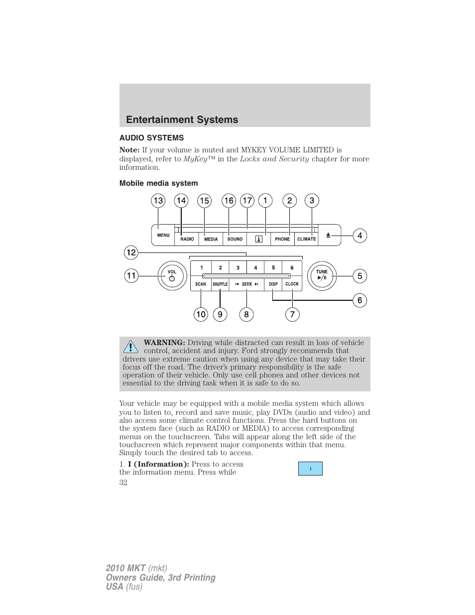 Entertainment systems, Audio systems, Mobile media system | Lincoln 2010 MKT User Manual | Page 32 / 433