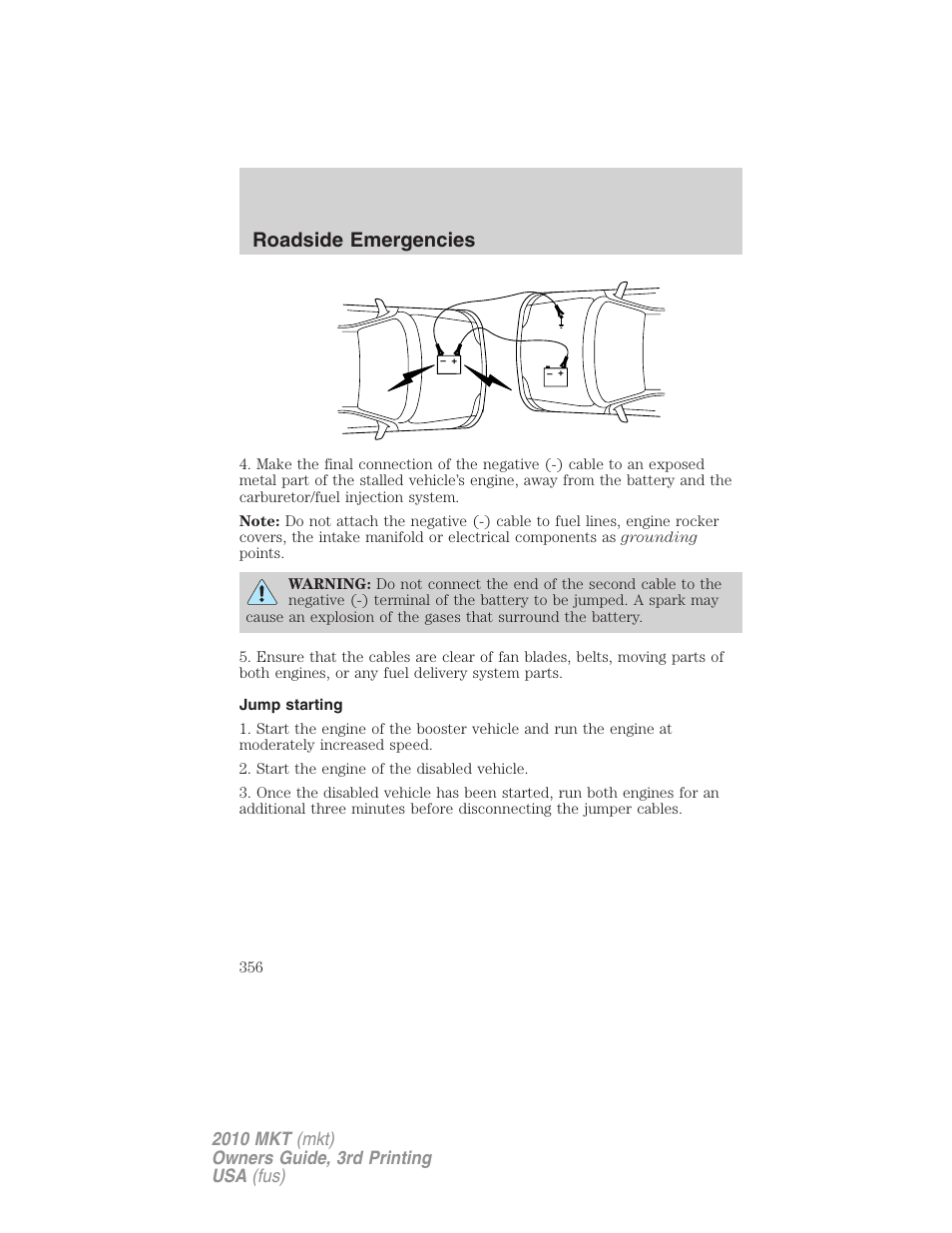 Jump starting, Roadside emergencies | Lincoln 2010 MKT User Manual | Page 356 / 433