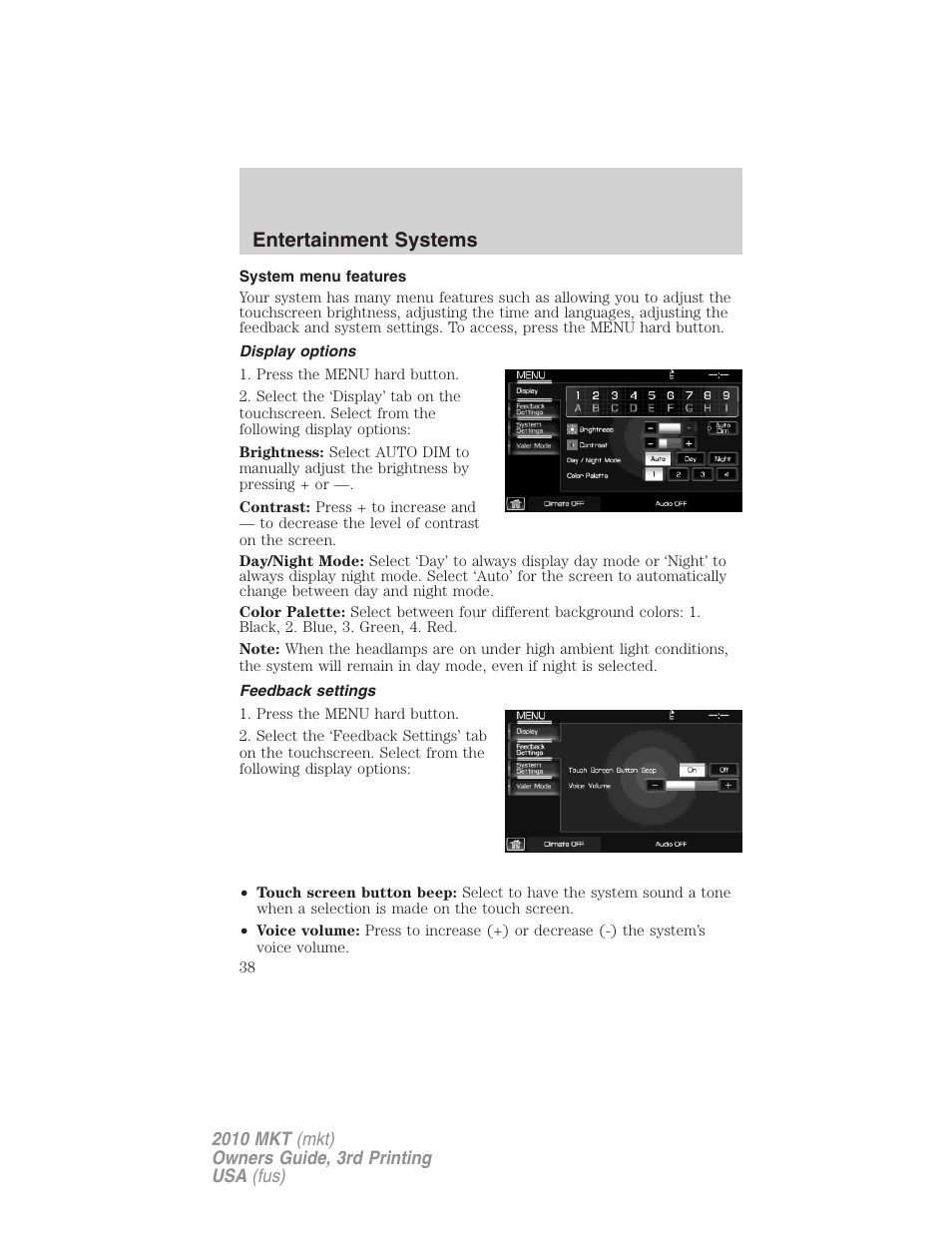 System menu features, Display options, Feedback settings | Entertainment systems | Lincoln 2010 MKT User Manual | Page 38 / 433
