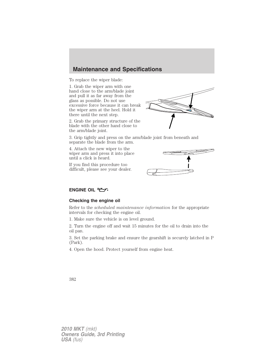 Engine oil, Checking the engine oil, Maintenance and specifications | Lincoln 2010 MKT User Manual | Page 382 / 433