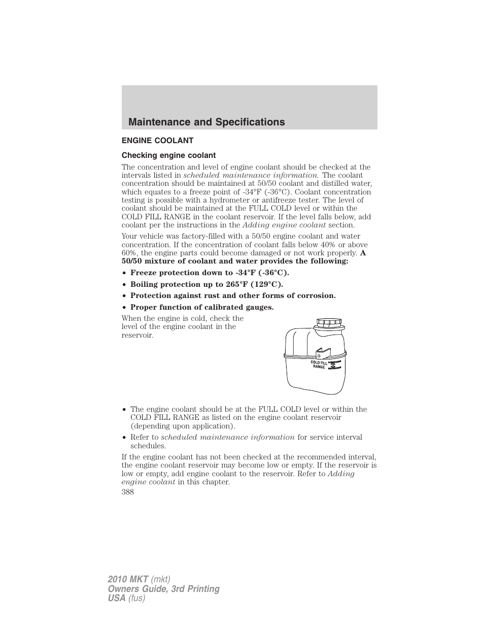Engine coolant, Checking engine coolant, Maintenance and specifications | Lincoln 2010 MKT User Manual | Page 388 / 433