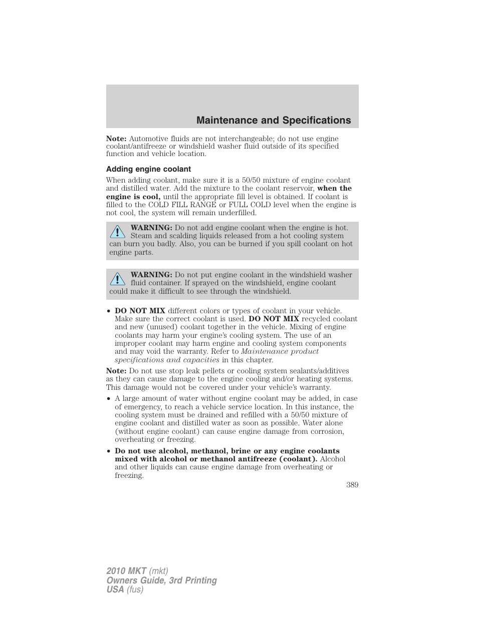 Adding engine coolant, Maintenance and specifications | Lincoln 2010 MKT User Manual | Page 389 / 433
