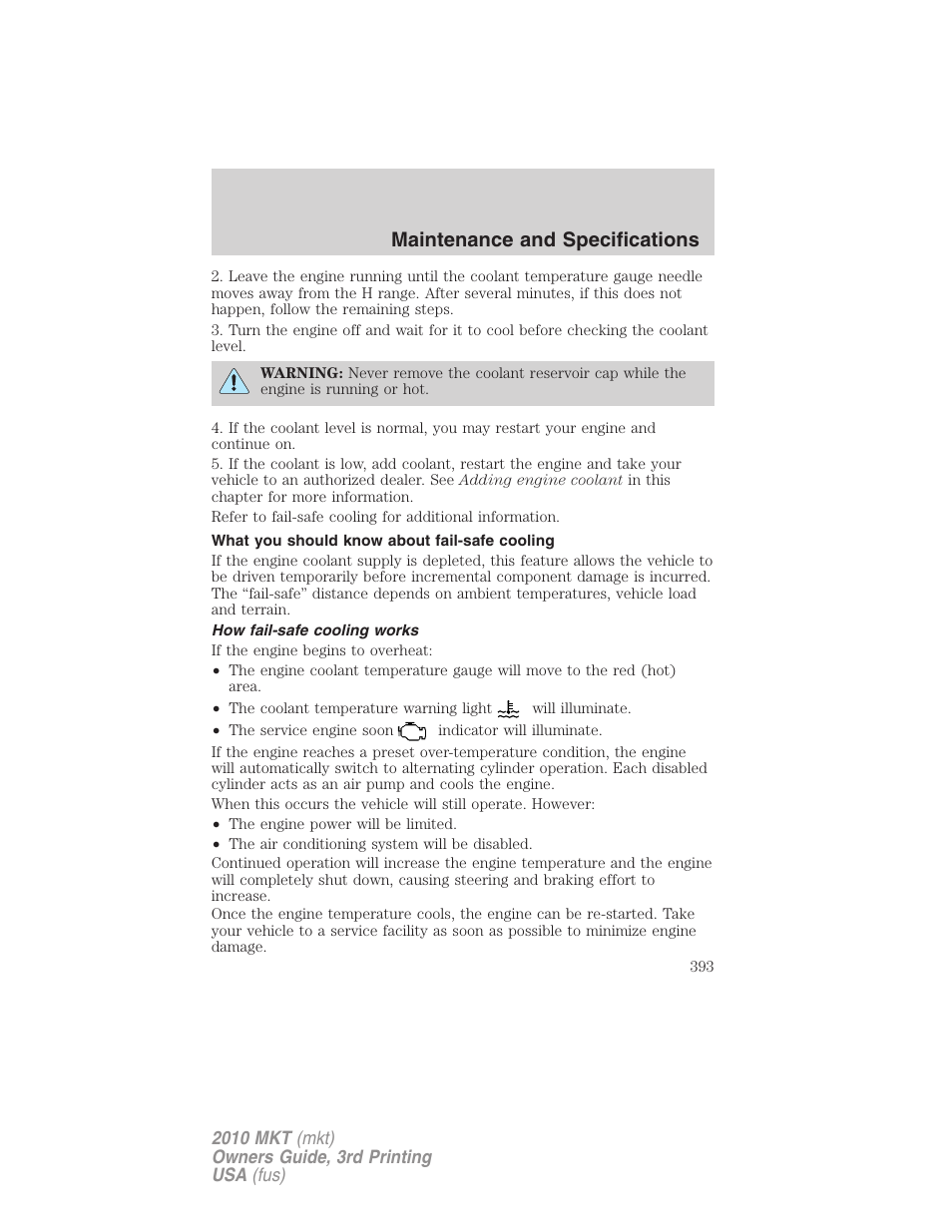 What you should know about fail-safe cooling, How fail-safe cooling works, Maintenance and specifications | Lincoln 2010 MKT User Manual | Page 393 / 433