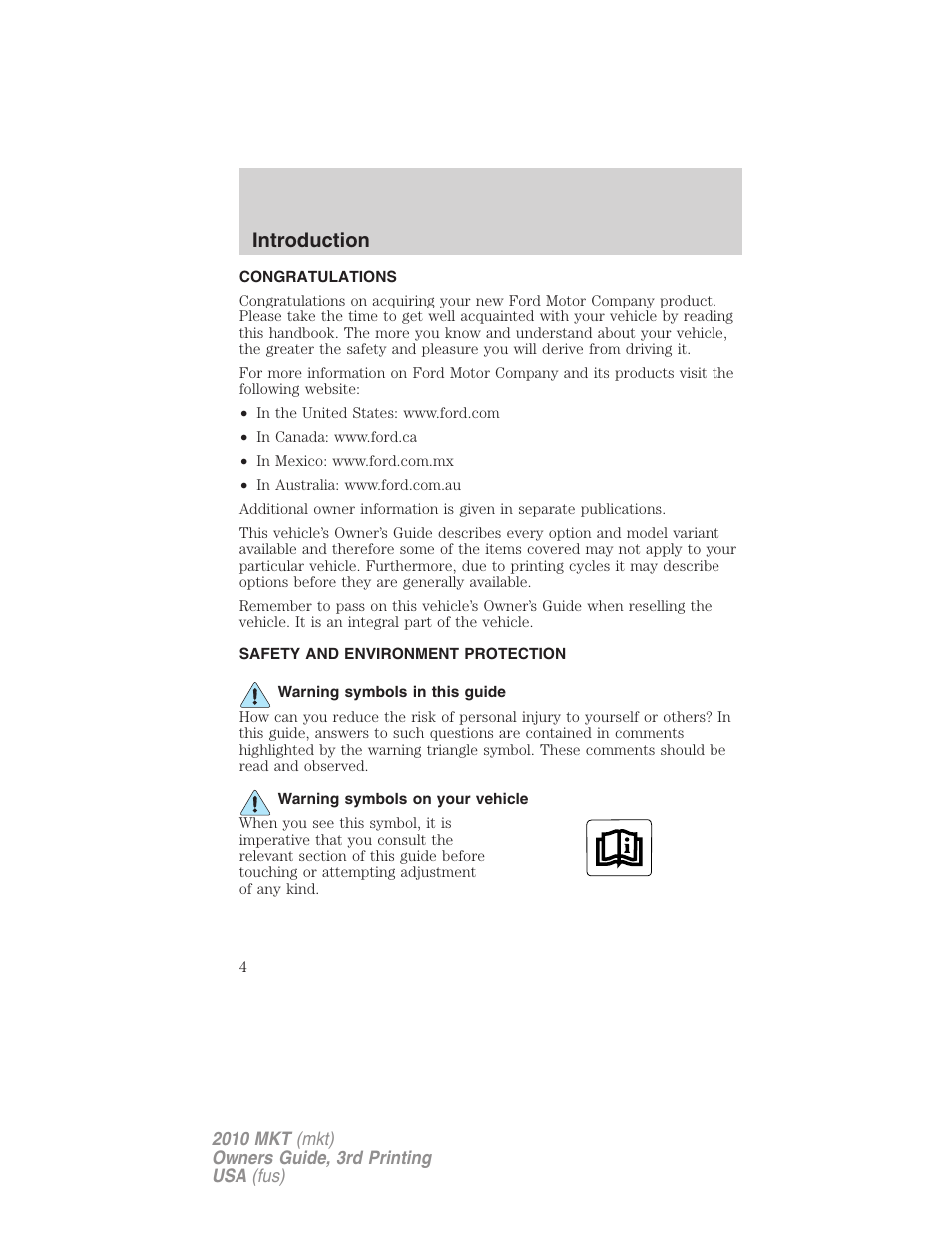 Introduction, Congratulations, Safety and environment protection | Warning symbols in this guide, Warning symbols on your vehicle | Lincoln 2010 MKT User Manual | Page 4 / 433