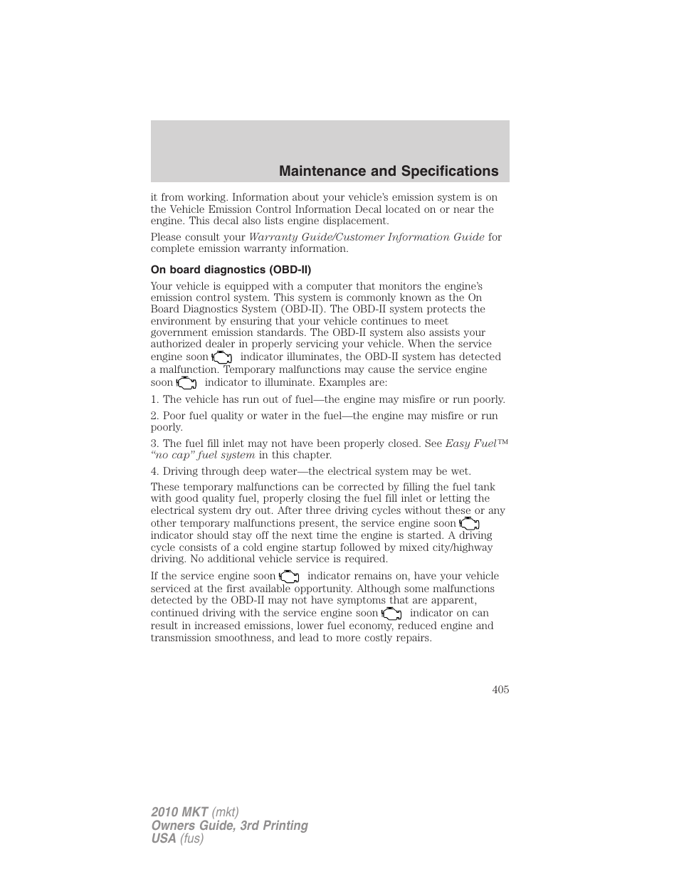 On board diagnostics (obd-ii), Maintenance and specifications | Lincoln 2010 MKT User Manual | Page 405 / 433