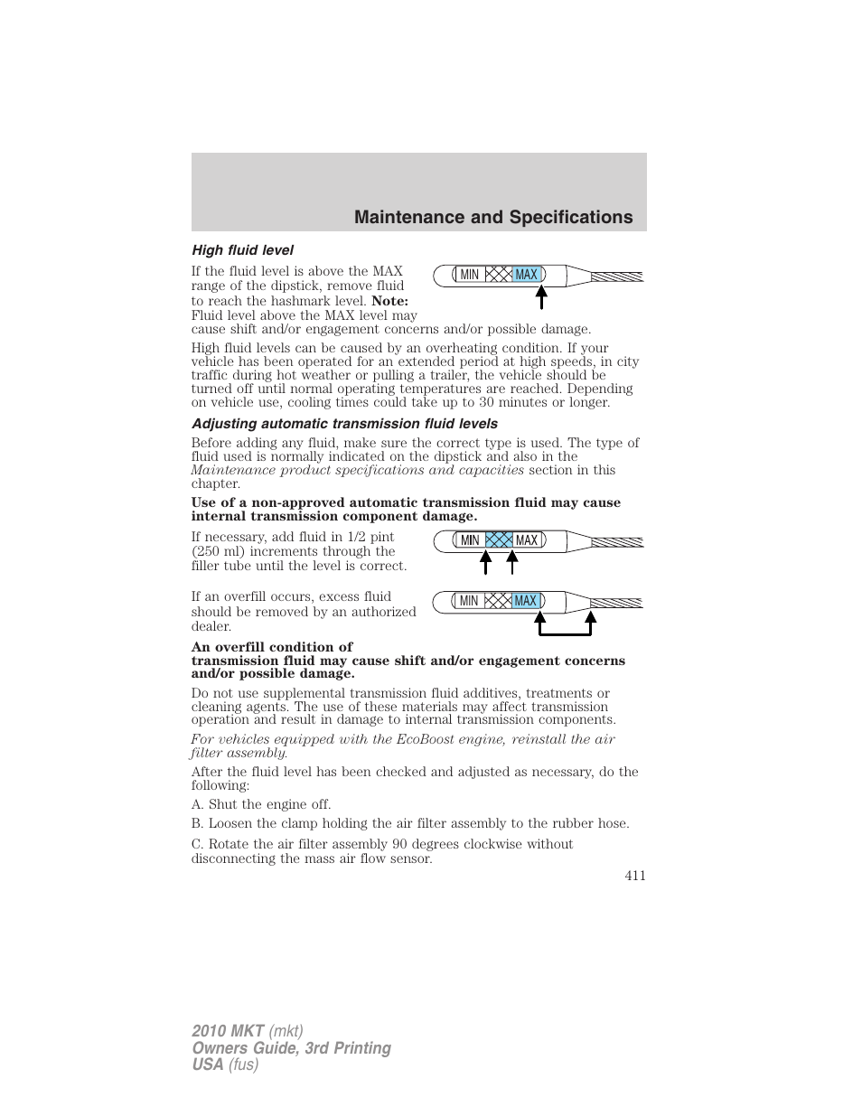 High fluid level, Adjusting automatic transmission fluid levels, Maintenance and specifications | Lincoln 2010 MKT User Manual | Page 411 / 433