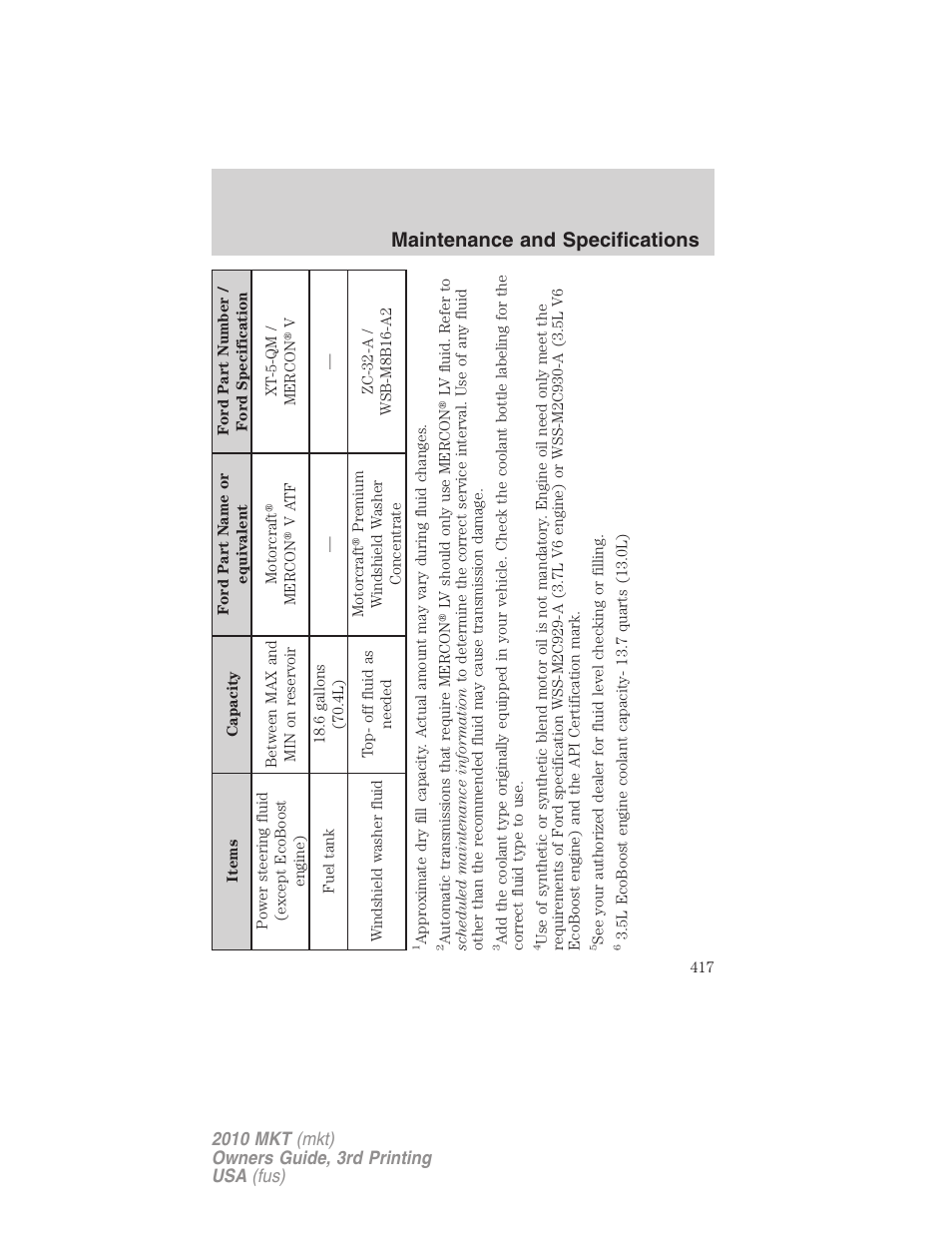 Maintenance and specifications | Lincoln 2010 MKT User Manual | Page 417 / 433