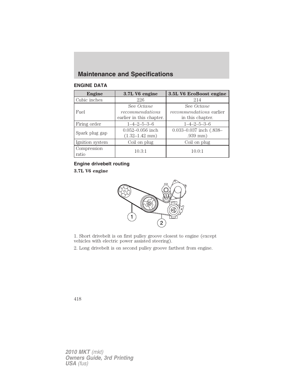 Engine data, Engine drivebelt routing, Maintenance and specifications | Lincoln 2010 MKT User Manual | Page 418 / 433