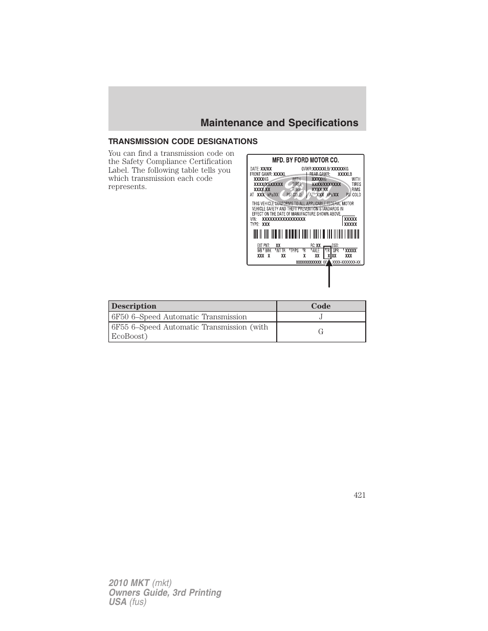Transmission code designations, Maintenance and specifications | Lincoln 2010 MKT User Manual | Page 421 / 433