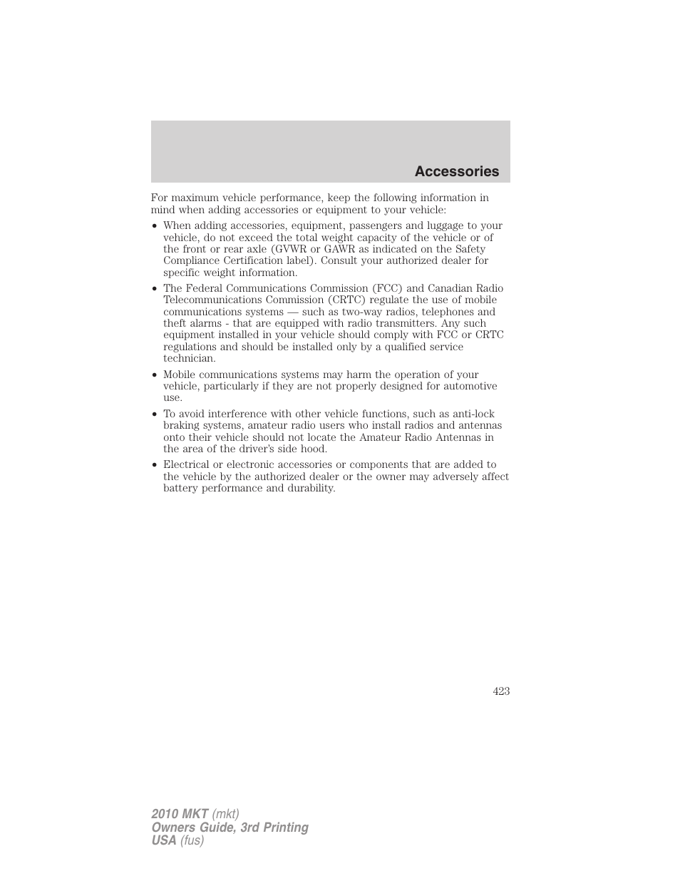 Accessories | Lincoln 2010 MKT User Manual | Page 423 / 433