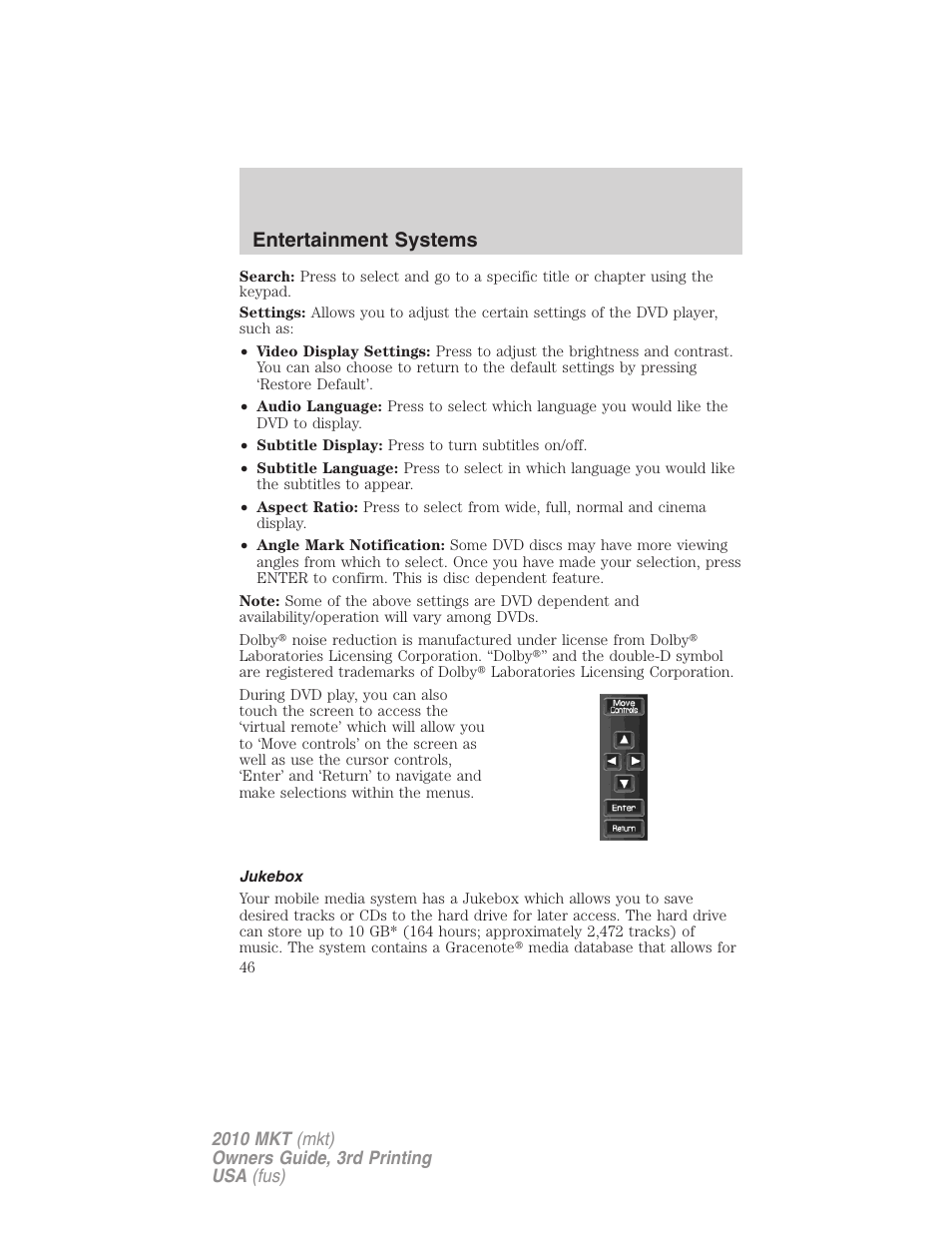Jukebox, Jukebox features, Entertainment systems | Lincoln 2010 MKT User Manual | Page 46 / 433