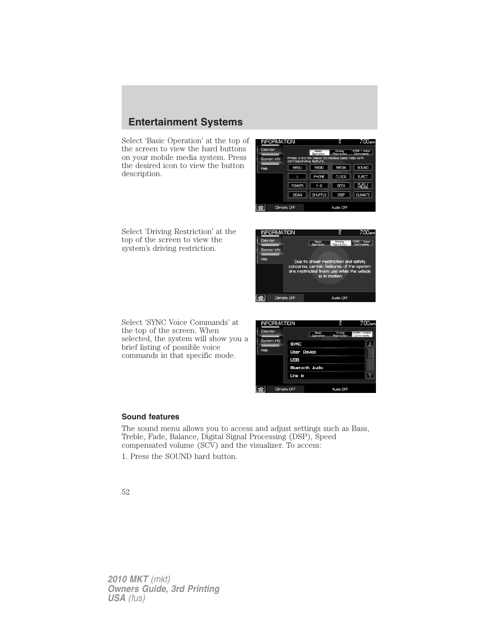 Sound features, Entertainment systems | Lincoln 2010 MKT User Manual | Page 52 / 433
