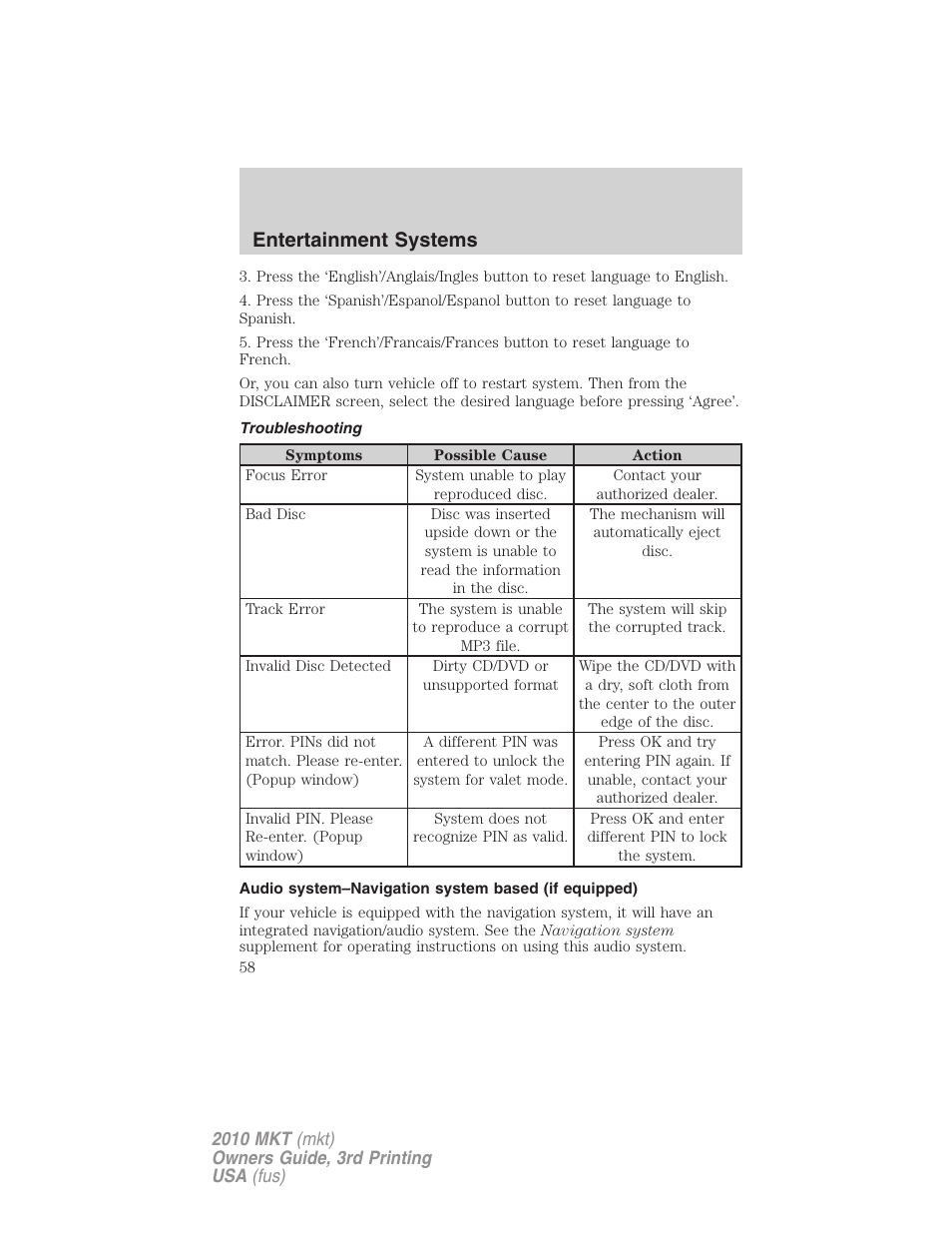 Troubleshooting, Audio system–navigation system based (if equipped), Entertainment systems | Lincoln 2010 MKT User Manual | Page 58 / 433