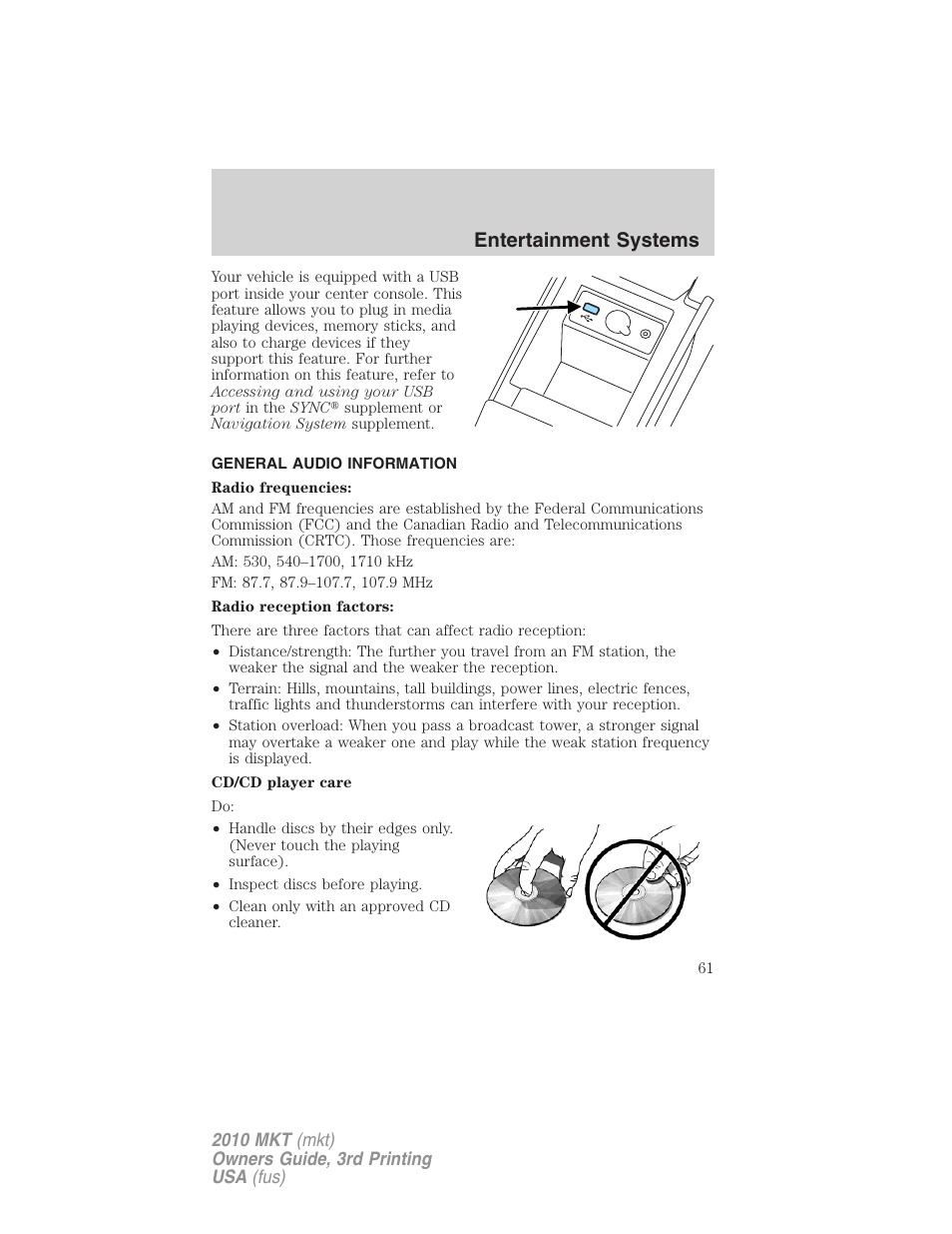 General audio information, Entertainment systems | Lincoln 2010 MKT User Manual | Page 61 / 433