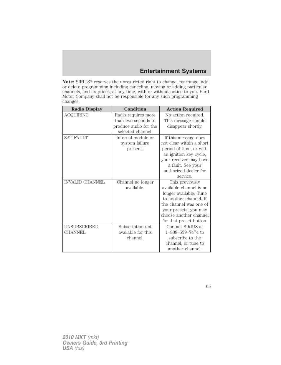 Entertainment systems | Lincoln 2010 MKT User Manual | Page 65 / 433