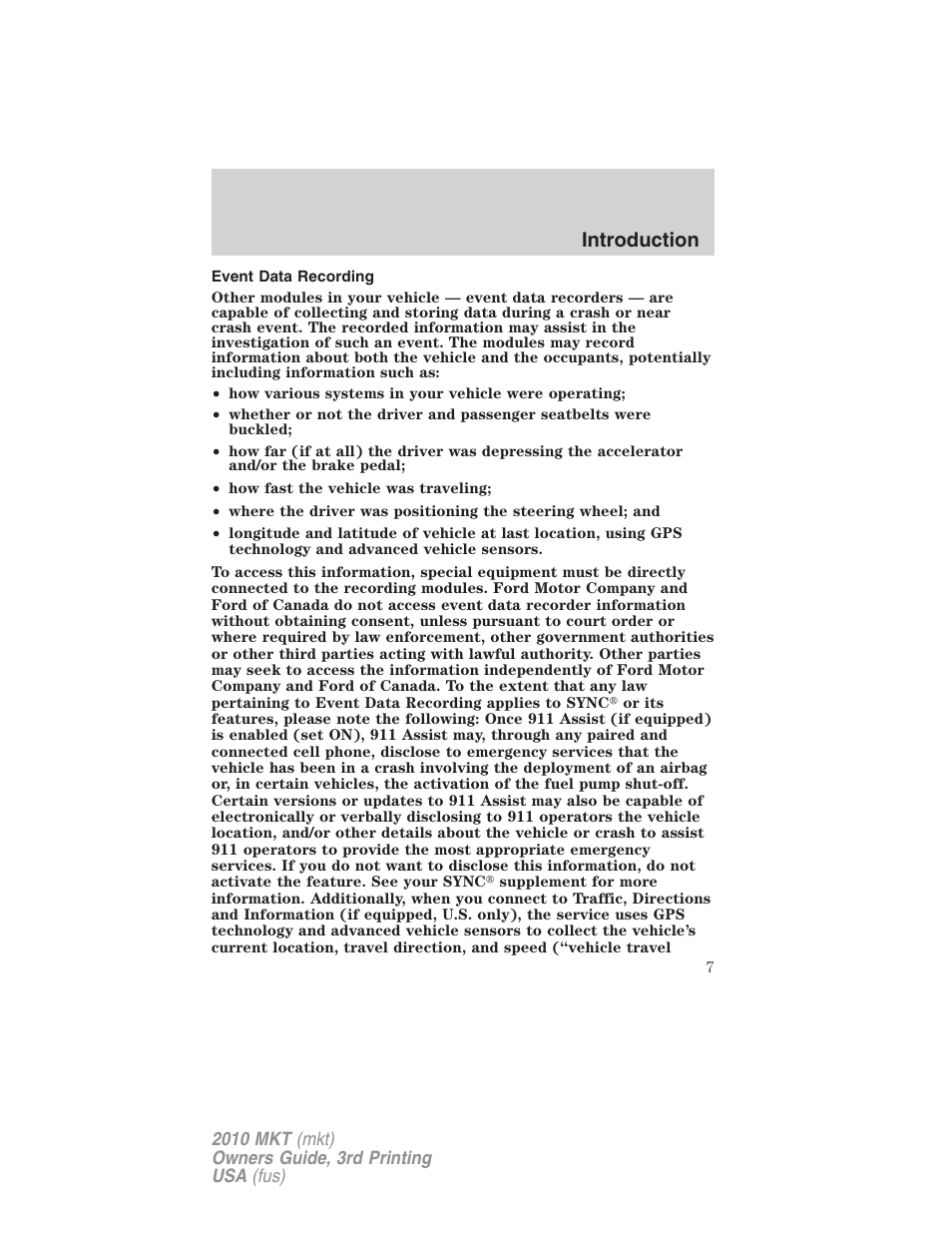 Event data recording, Introduction | Lincoln 2010 MKT User Manual | Page 7 / 433