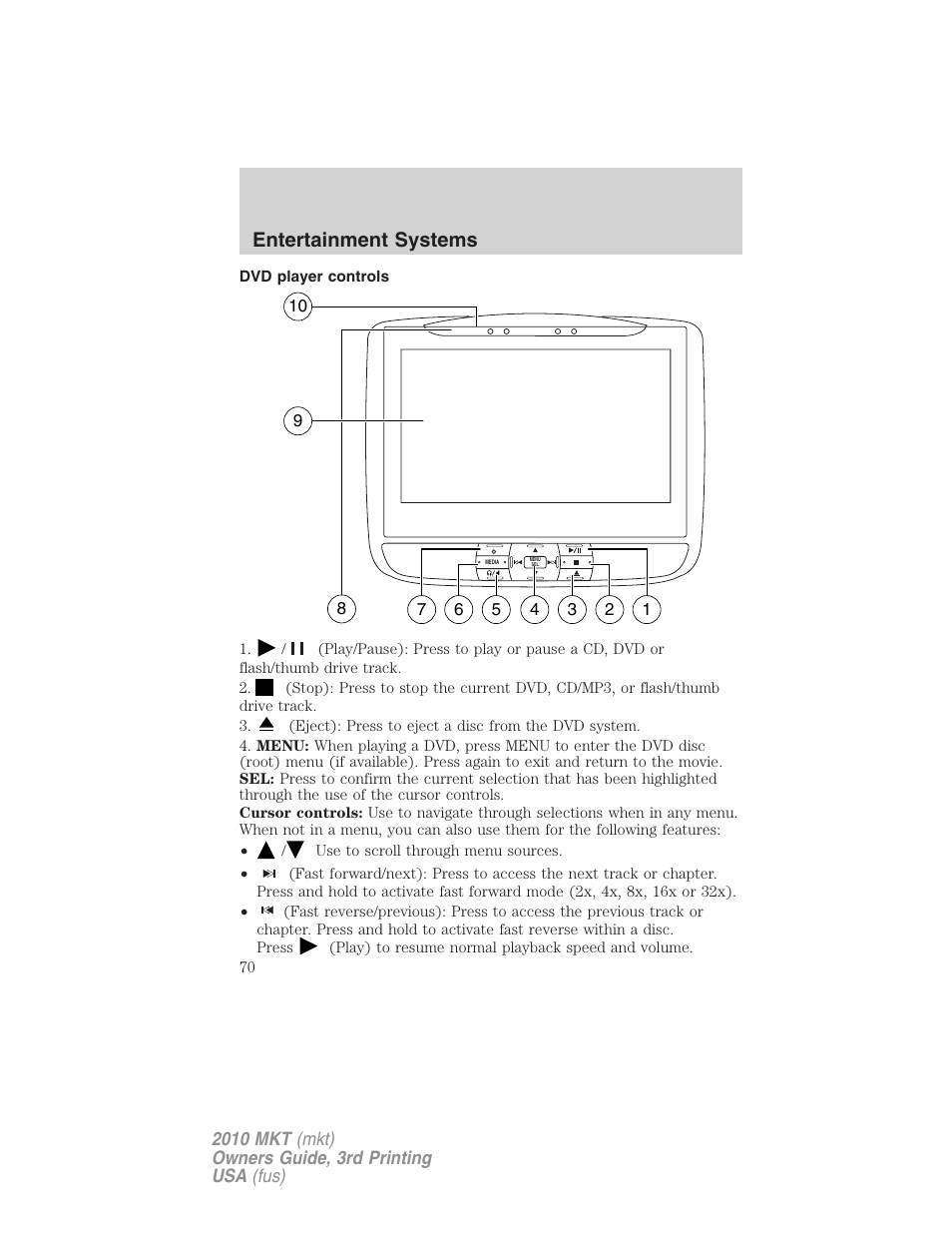 Dvd player controls, Entertainment systems | Lincoln 2010 MKT User Manual | Page 70 / 433