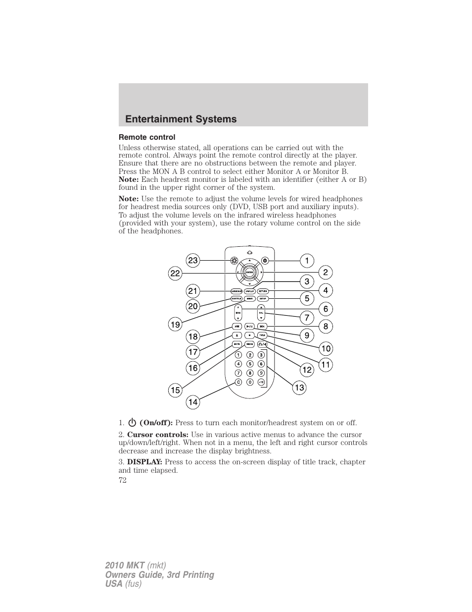 Remote control, Entertainment systems | Lincoln 2010 MKT User Manual | Page 72 / 433
