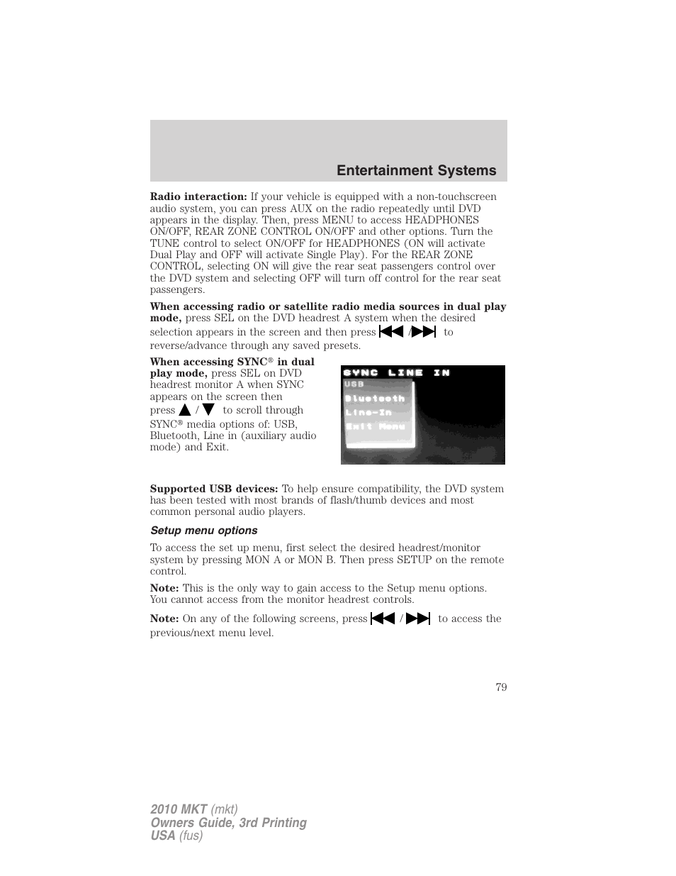 Setup menu options, Entertainment systems | Lincoln 2010 MKT User Manual | Page 79 / 433