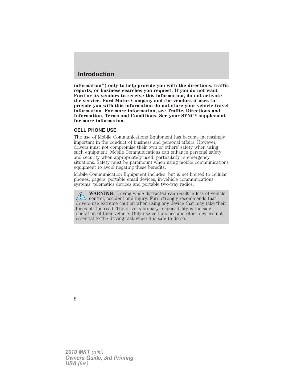 Cell phone use, Introduction | Lincoln 2010 MKT User Manual | Page 8 / 433