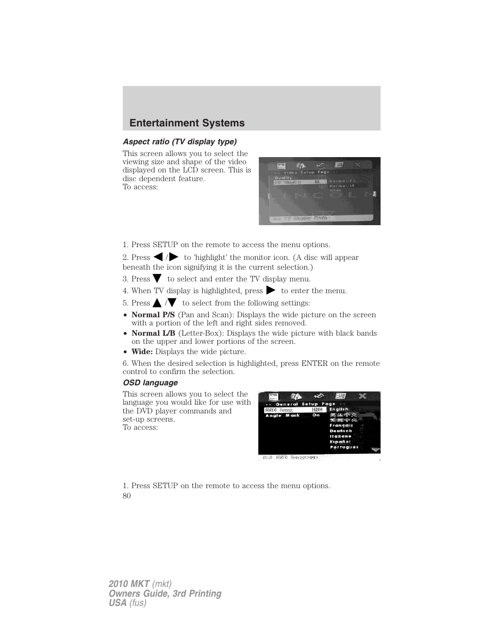 Aspect ratio (tv display type), Osd language, Entertainment systems | Lincoln 2010 MKT User Manual | Page 80 / 433