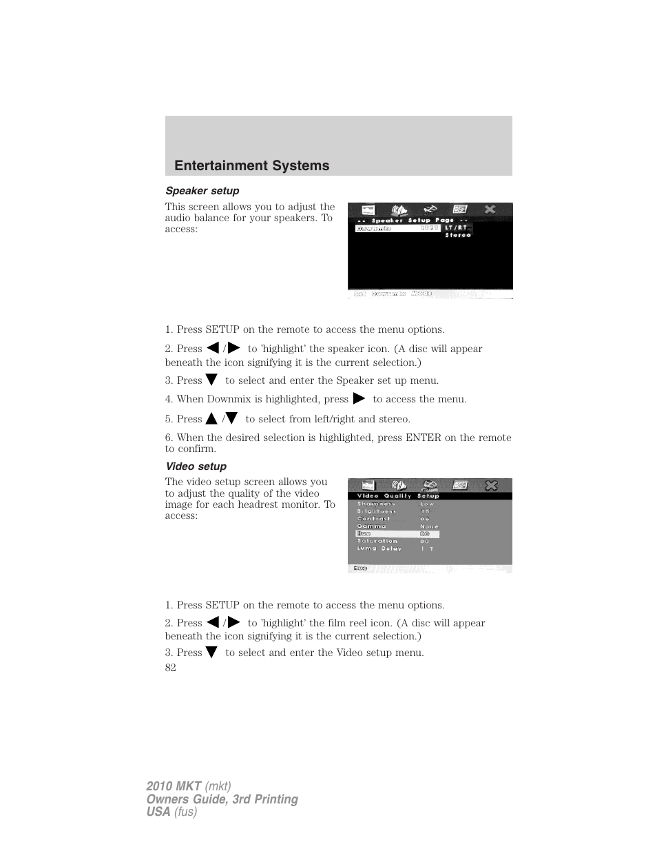 Speaker setup, Video setup, Entertainment systems | Lincoln 2010 MKT User Manual | Page 82 / 433