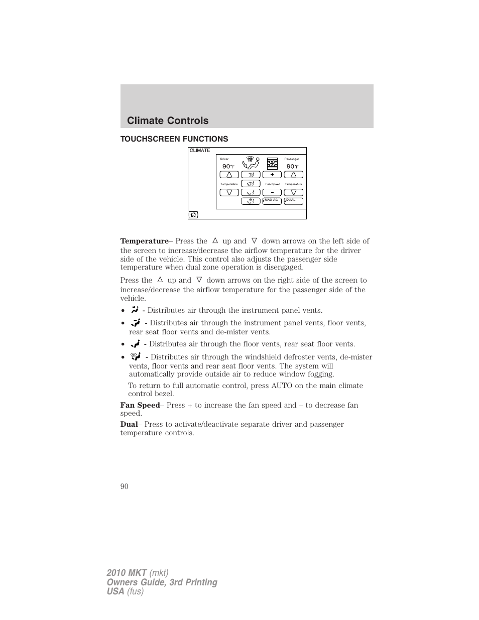 Touchscreen functions, Climate controls | Lincoln 2010 MKT User Manual | Page 90 / 433
