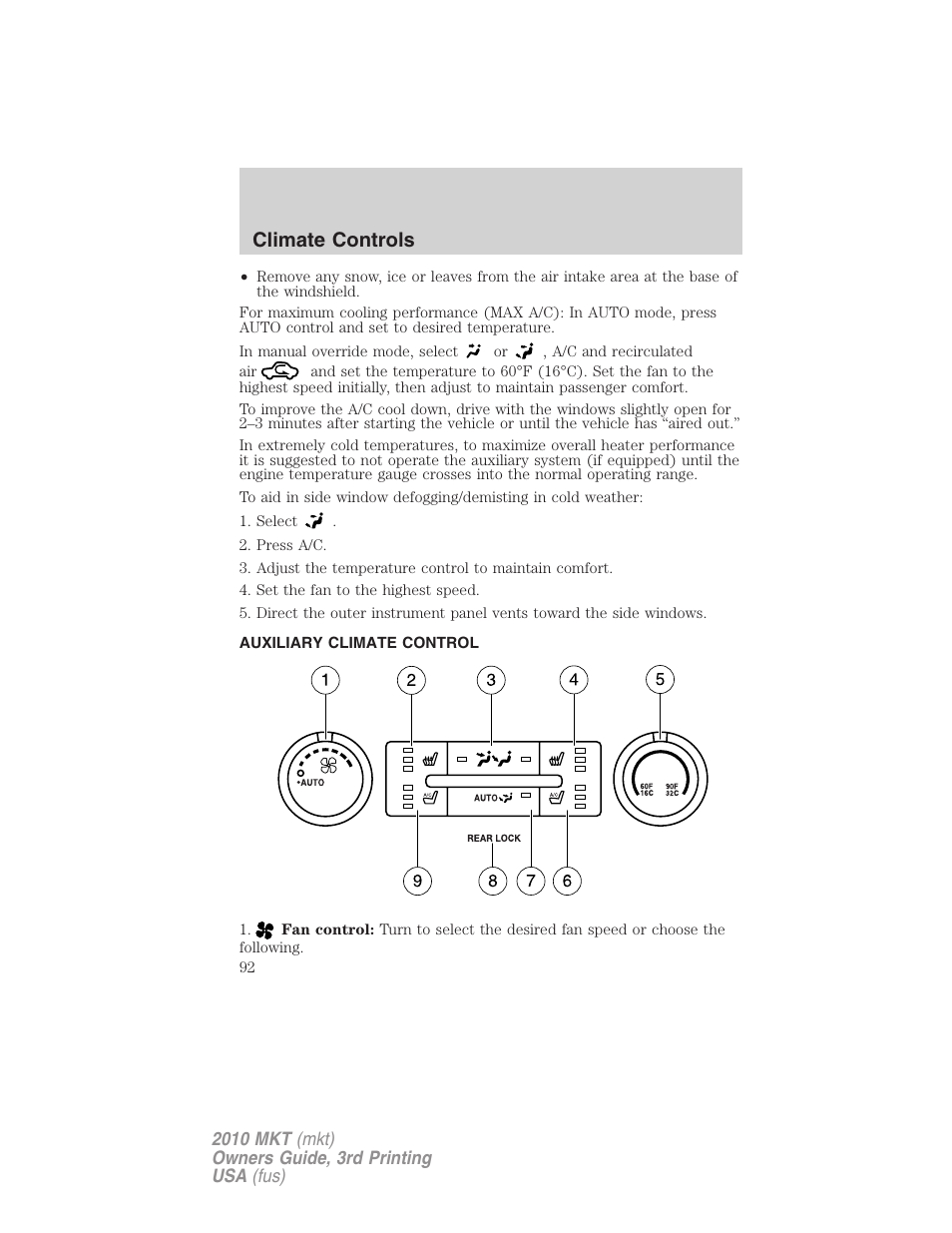 Auxiliary climate control, Climate controls | Lincoln 2010 MKT User Manual | Page 92 / 433