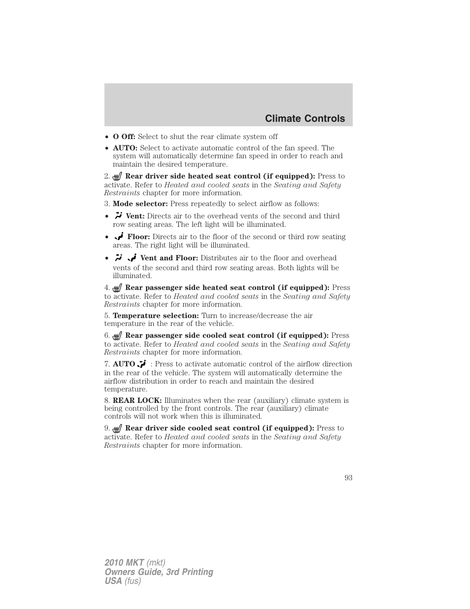 Climate controls | Lincoln 2010 MKT User Manual | Page 93 / 433