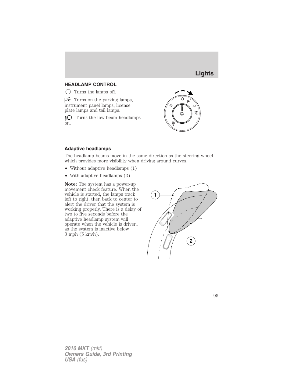Lights, Headlamp control, Adaptive headlamps | Headlamps | Lincoln 2010 MKT User Manual | Page 95 / 433