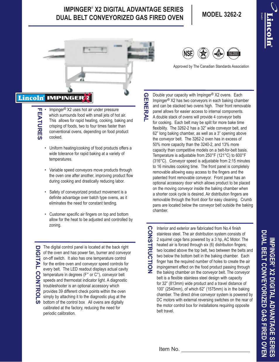 Lincoln Impinger X2 Ovens with Push Button Controls 3262-2 User Manual | 2 pages