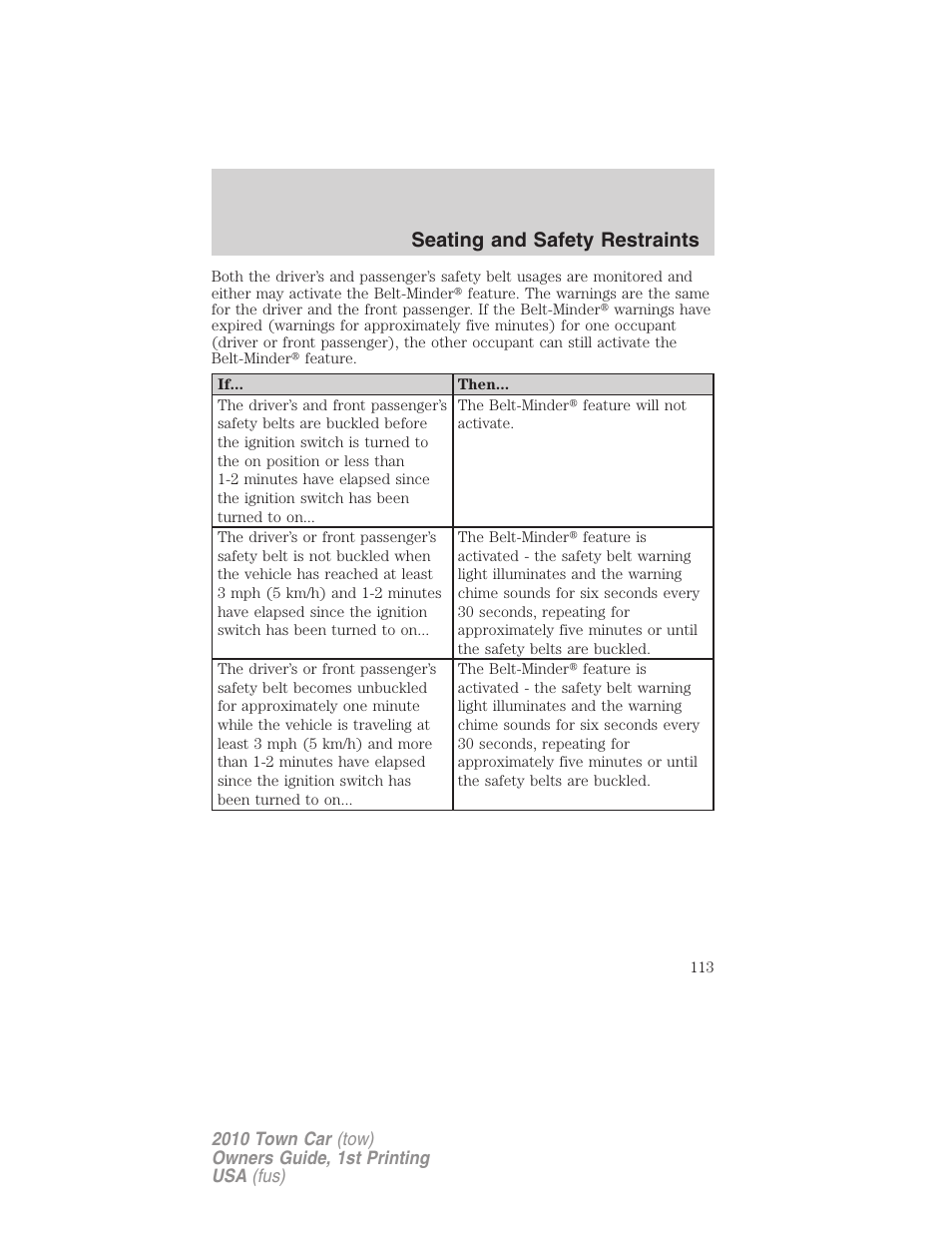 Seating and safety restraints | Lincoln 2010 Town Car User Manual | Page 113 / 285