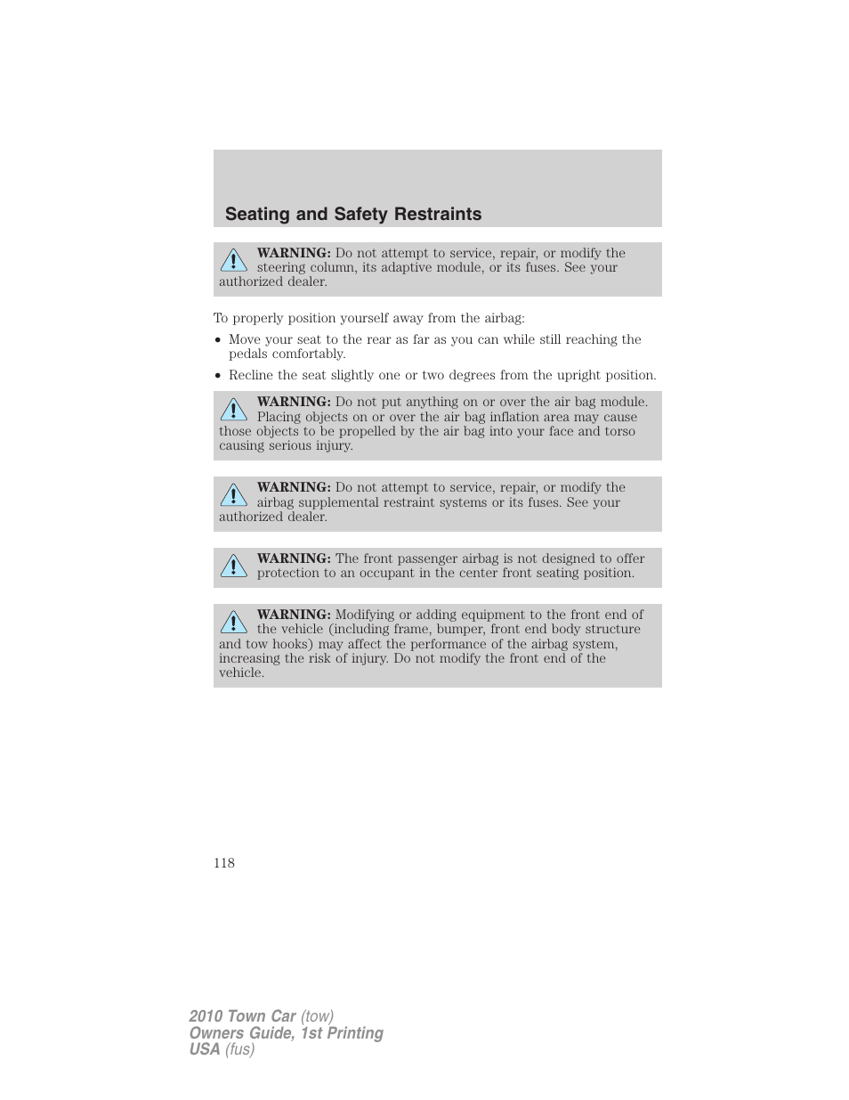 Seating and safety restraints | Lincoln 2010 Town Car User Manual | Page 118 / 285