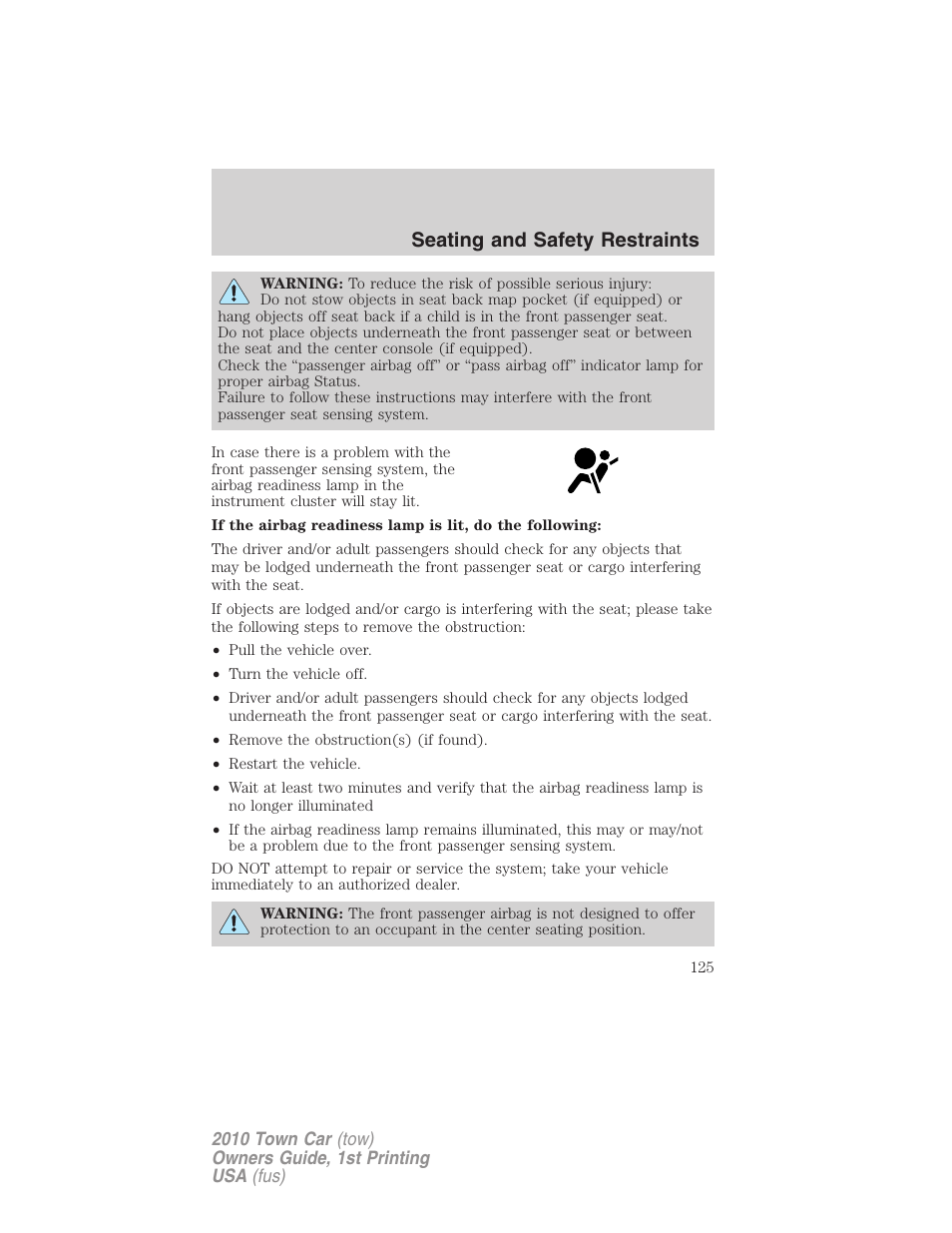 Seating and safety restraints | Lincoln 2010 Town Car User Manual | Page 125 / 285