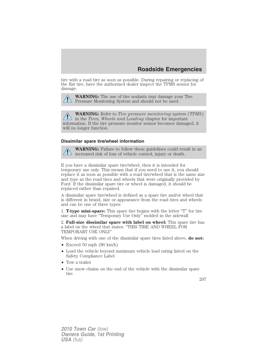 Dissimilar spare tire/wheel information, Roadside emergencies | Lincoln 2010 Town Car User Manual | Page 207 / 285